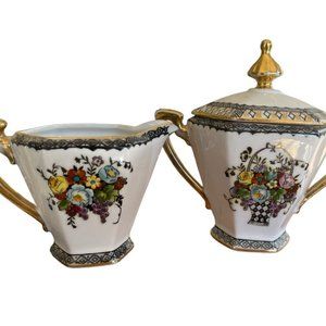 vintage Noritake Nippon hand painted porcelain sugar bowl + creamer